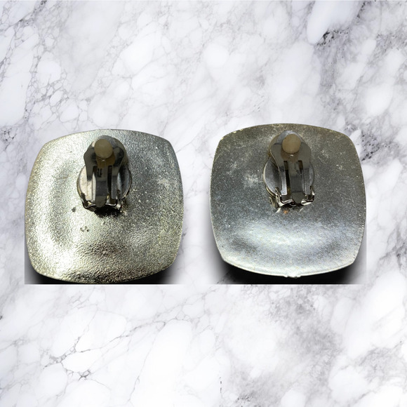 Vintage 1980's Silver & Gold Acrylic Grid Square Earrings Clip On Runway Couture - Picture 3 of 6